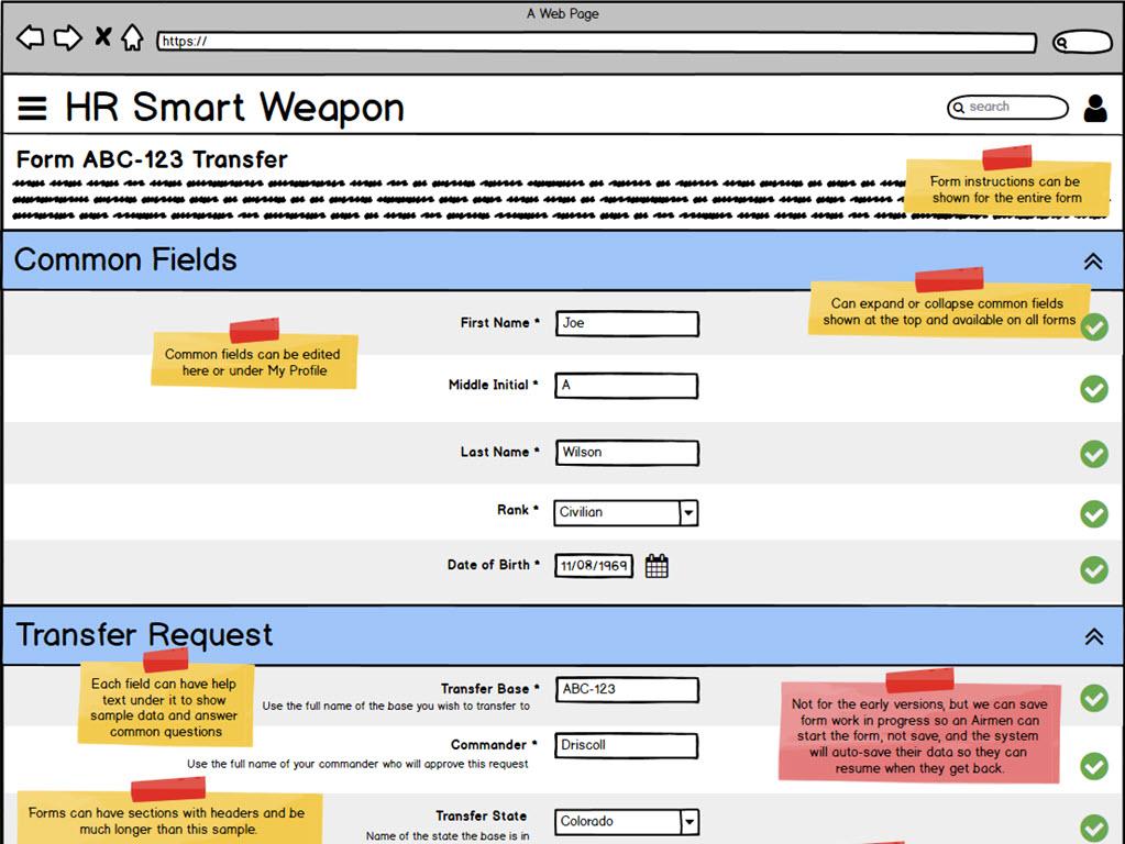 UI/UX design for mobile and tablet-optimized custom web app design for one-click onboarding of airmen, including common fields pre-filled for airmen, field validation, creating multiple PDFs from one form submission, and workflows to route submitted PDF forms for approvals and signatures throughout the Department of Defense.